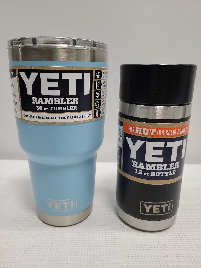 (2) YETI Rambler 30 oz Bottle Sky Blue & YETI 12 oz Bottle Black