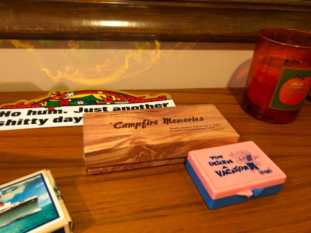 Small Collectibles, Lucite Desk Set w/ 2 Pens, Clocks, Ashtrays, Phones, Table Lighter, Misc.