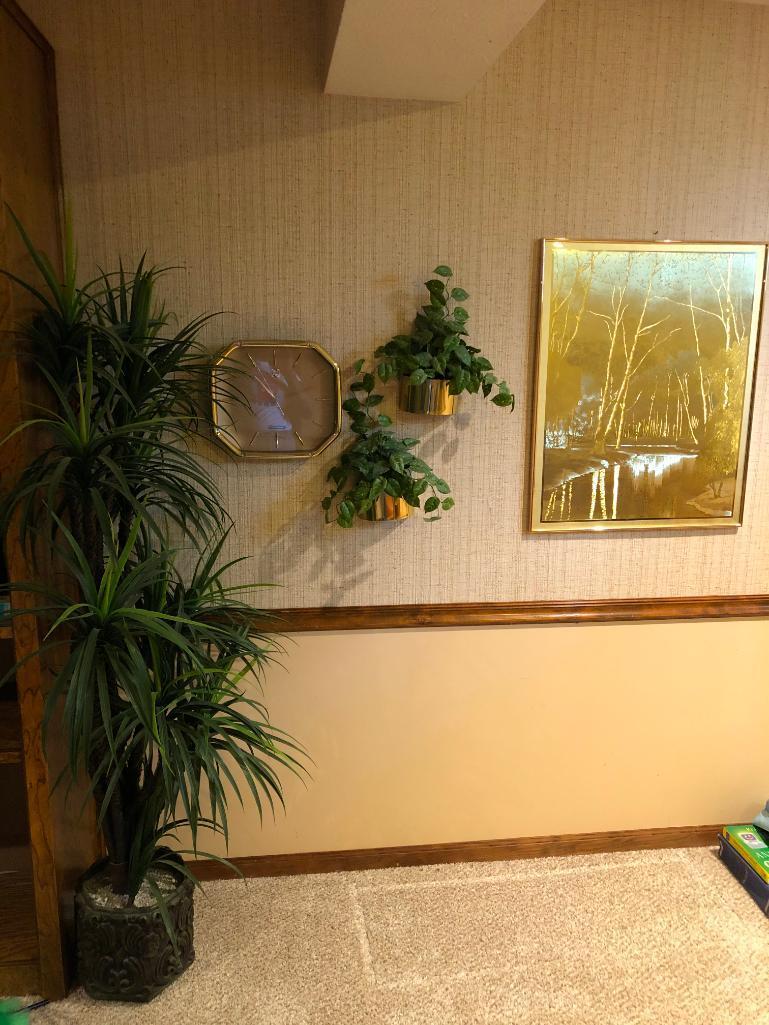 J. Hardelin Print w/ Brass Looking Wall Clock and Wall Pockets and Artificial Plant