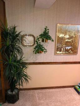 J. Hardelin Print w/ Brass Looking Wall Clock and Wall Pockets and Artificial Plant