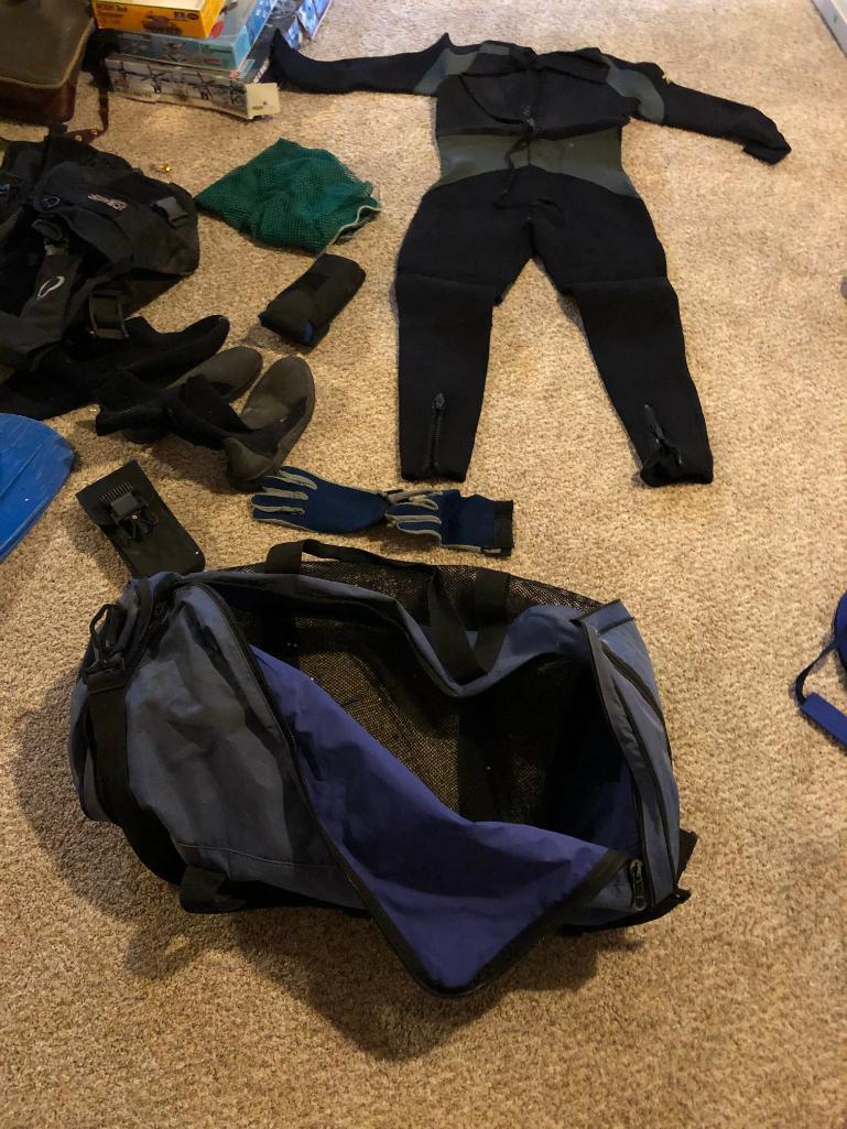 Scuba Diving Gears - BCD, Size 10 Shoes, Size Large Fins, XL Suit, 2 Regulators, Weights, Mask &