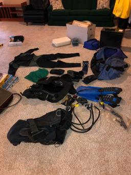 Scuba Diving Gears - BCD, Size 10 Shoes, Size Large Fins, XL Suit, 2 Regulators, Weights, Mask &