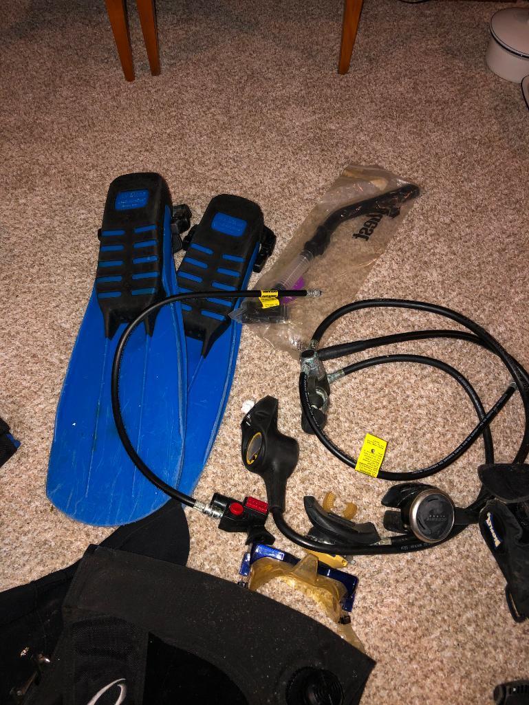 Scuba Diving Gears - BCD, Size 10 Shoes, Size Large Fins, XL Suit, 2 Regulators, Weights, Mask &