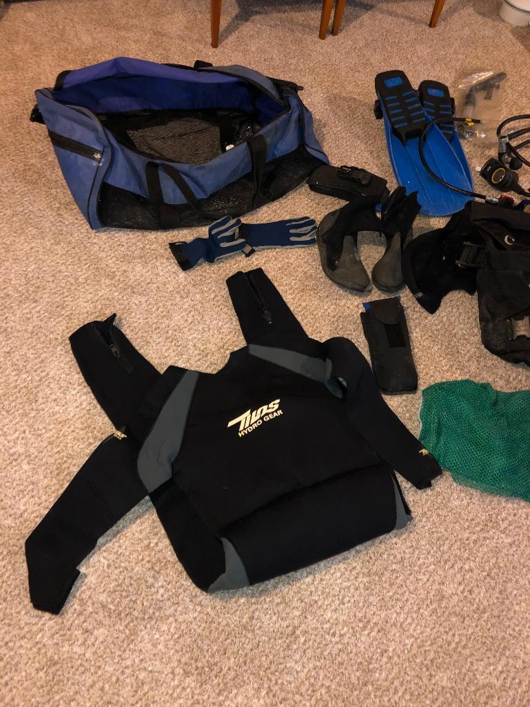 Scuba Diving Gears - BCD, Size 10 Shoes, Size Large Fins, XL Suit, 2 Regulators, Weights, Mask &