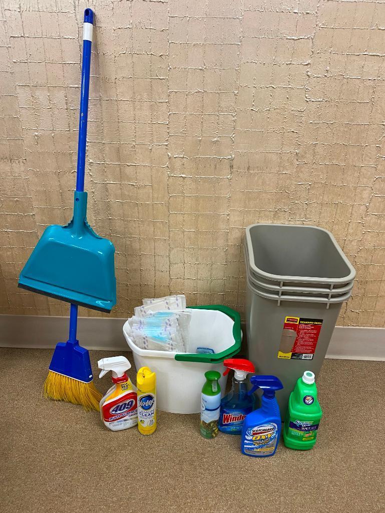 Janitorial Supply, (3) Rubbermaid Waste Baskets, Broom, Dust Pan, Cleaning Supplies