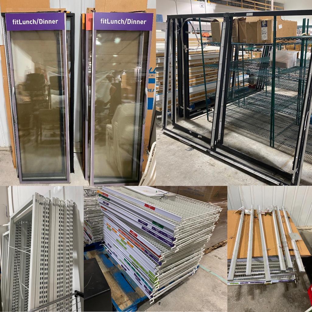 4 Walk-In Cooler Glass Door Frames, 8 Glass Doors, 12 LED Lights & 50+ Merchandiser Shelves & 8