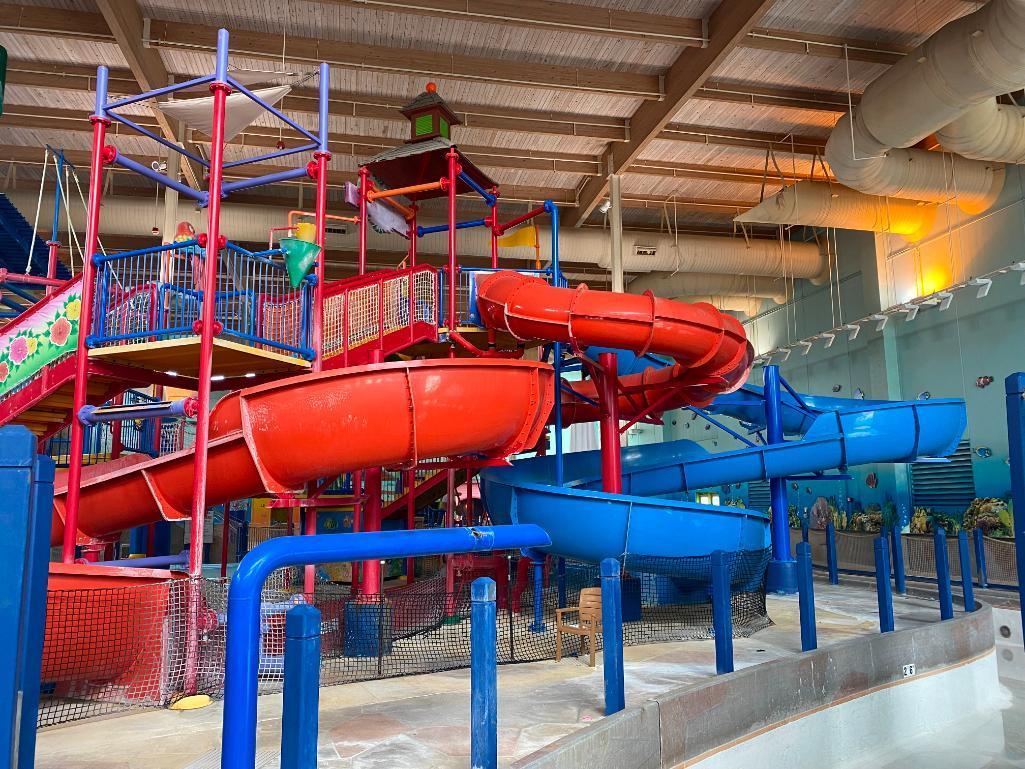 Indoor Water Park Main Structure, Includes Several Slides, Water Cannons, Stairs, Platforms,