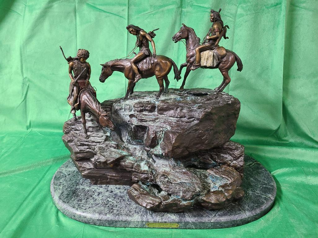 "Indian Scouting Party" Inspired by C. M. Russell 66/500 - Bronze Fountain Sculpture on Stone Base