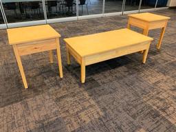 Solid Wood Coffee Table and Two End Tables, University Loft Co. 48in x 24in x 17in H & 21in x 21in x