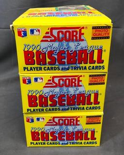 (3) SCORE 1990 Major League Baseball Wax Packs - (16) Player Cards & (1) Magic Motion Trivia Cards