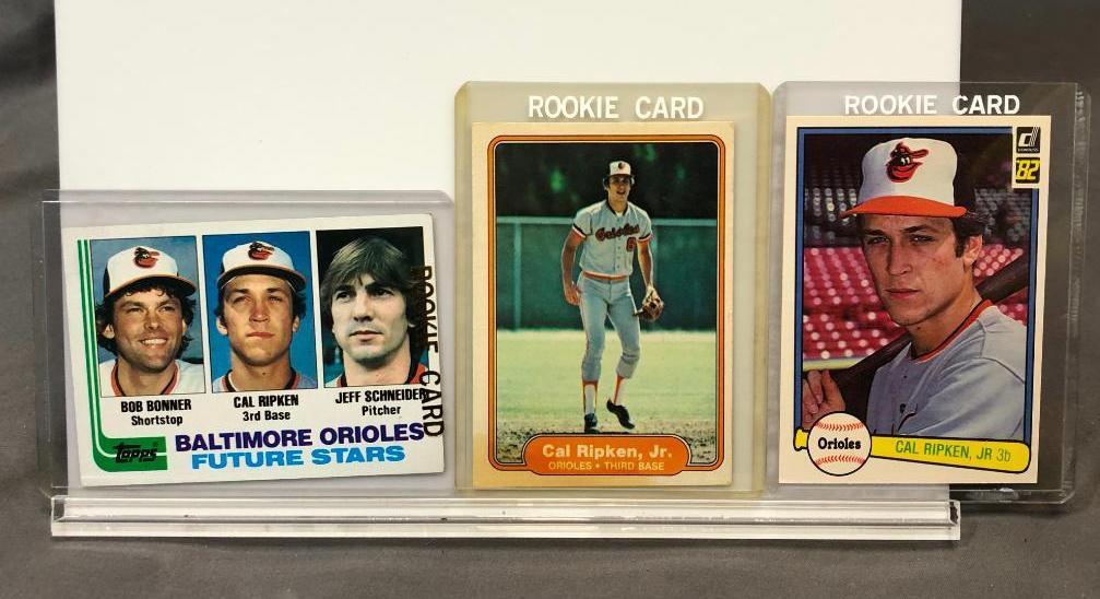 (3) 1982 Cal Ripken Jr Rookie Cards - Topps #21 Orioles, Donruss #405 Orioles Cal Ripken Jr 3B &