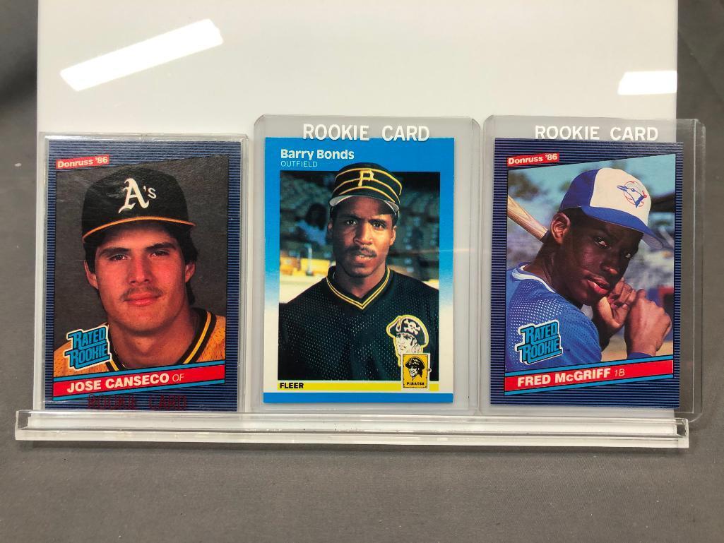 Lot of 3; Rookie Cards - 1986 Donruss #28 Fred McGriff 1B, 1987 Fleer #604 Barry Bonds OF & 1986