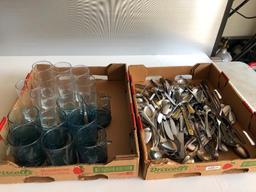 Box of Silverware, 16 Glasses and Pressure Cooker