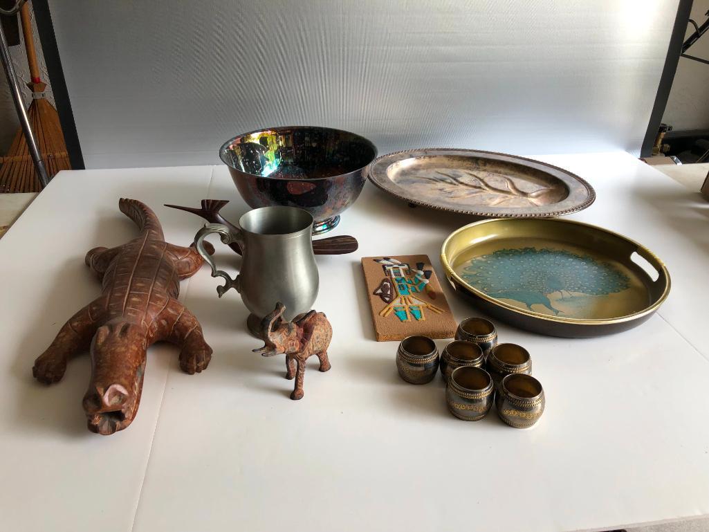Silver Plate, Tray, Wooden Croc, Pot Iron Elephant, Native American Item