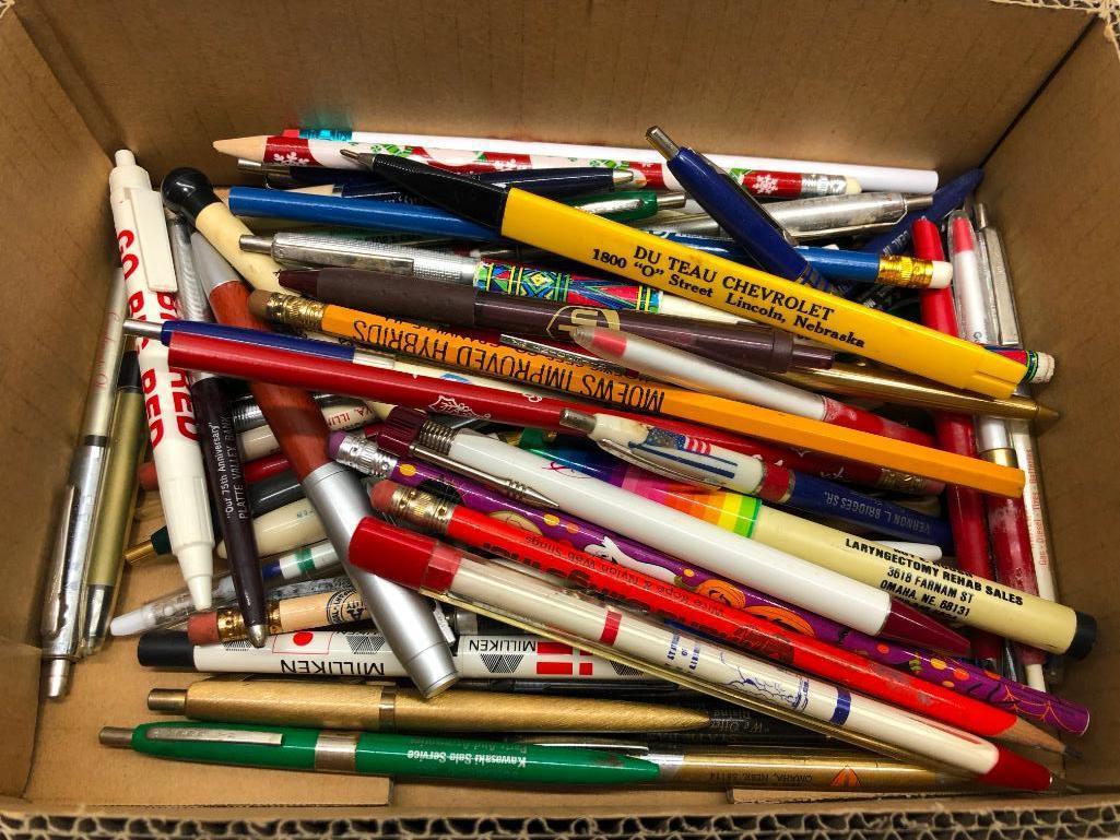 3 Boxes Full of Advertising Pens and Pencils