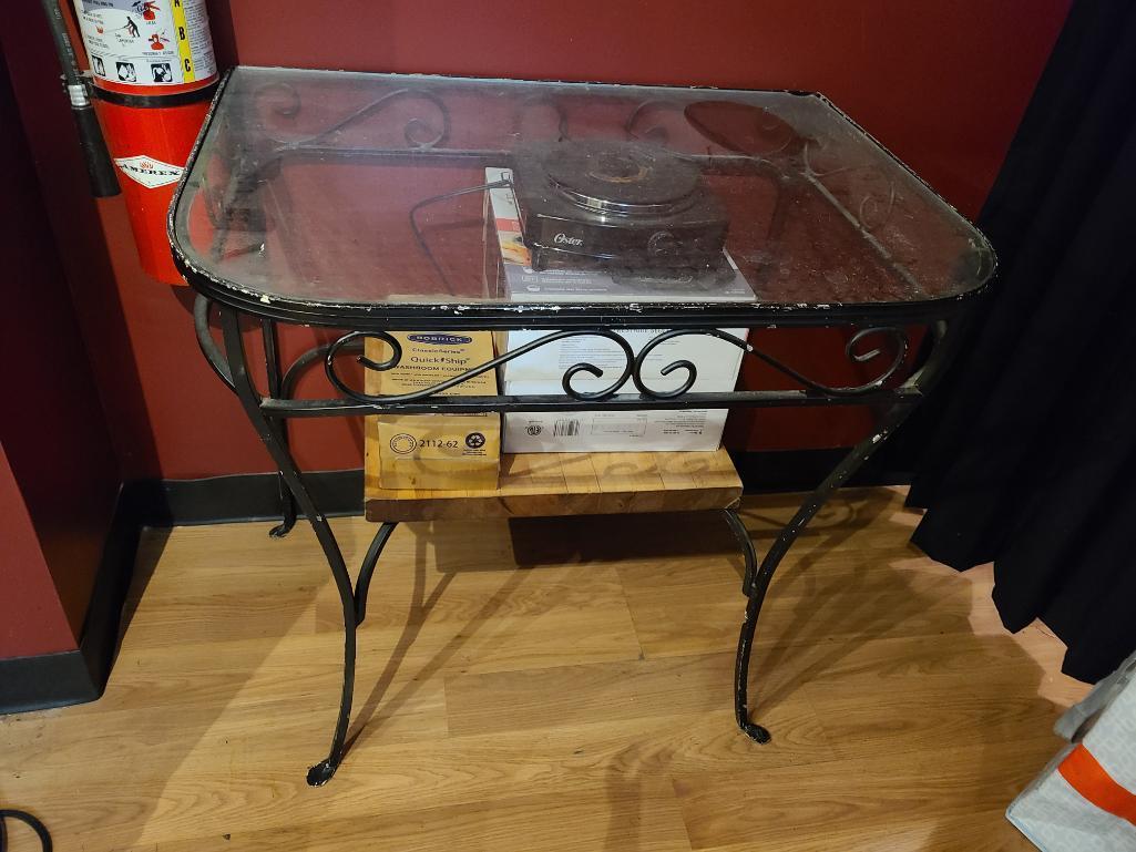 Wrought Iron Glass Top Side Table 30in x 22in x 30in H w/ Chair