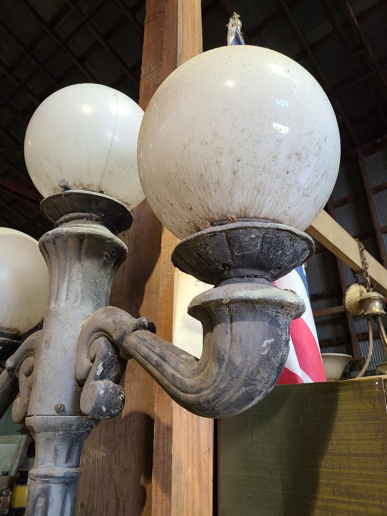 Pair of Cast Metal Street Lamps, 92in Tall, 3 Older Replacement Plastic Globes