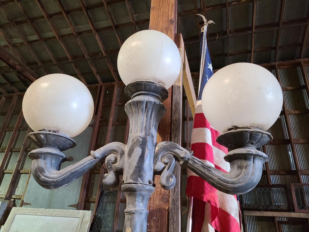 Pair of Cast Metal Street Lamps, 92in Tall, 3 Older Replacement Plastic Globes