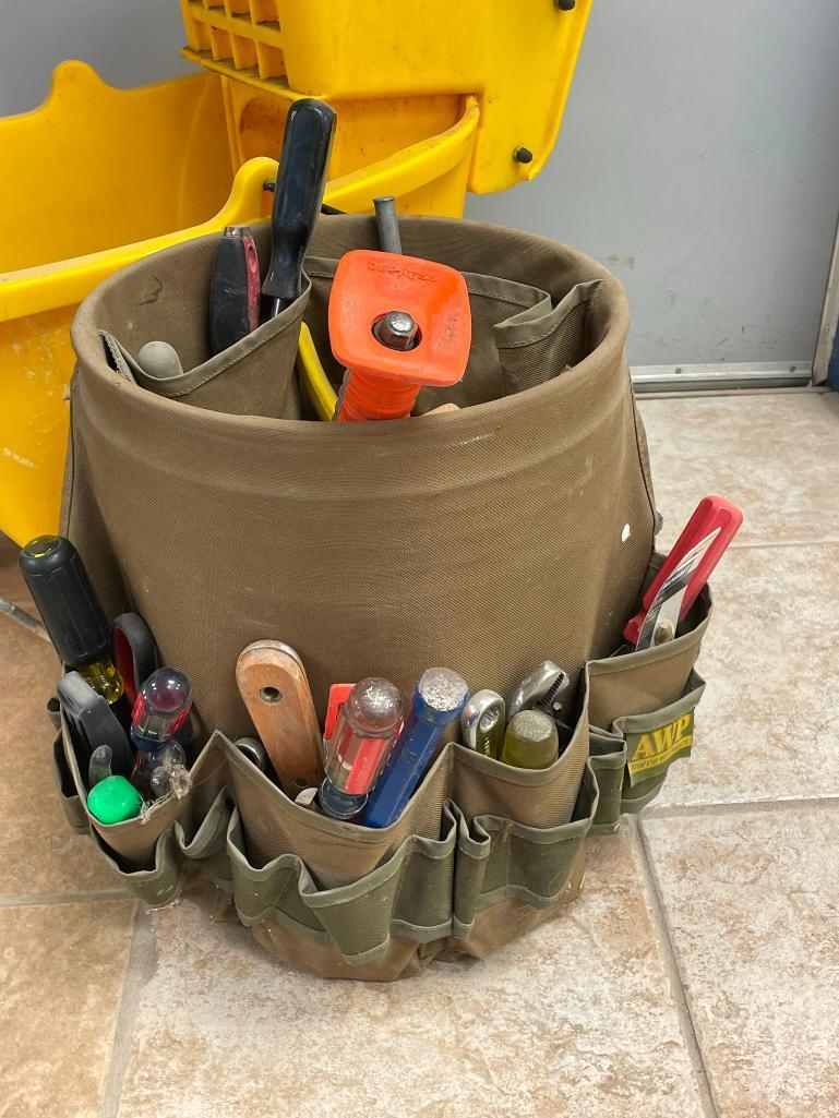 Mop Bucket, Tool Belts, Tool Bucket w/ Misc. Tools, Chalk Line, Tape Measure