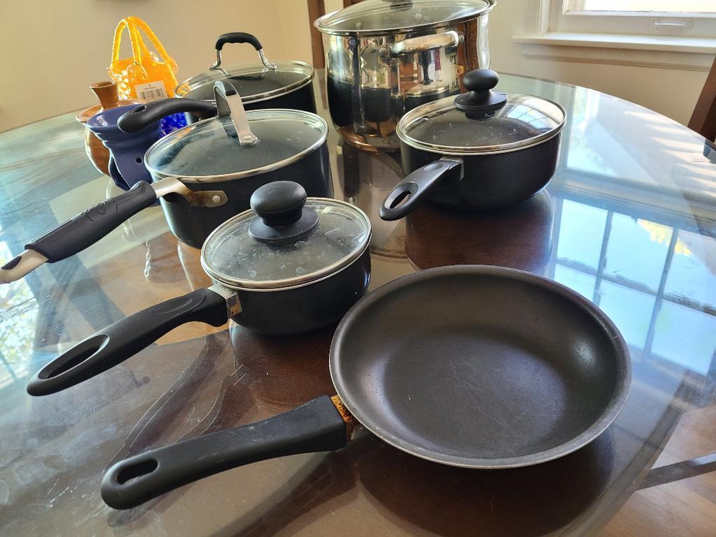 Pots and Pans w/ Glass Lids and Some Glassware