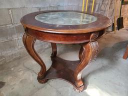 Ornate Wooden Glass Top Table, 34in Diameter, 30in Tall, Metal Heart Designs on Top