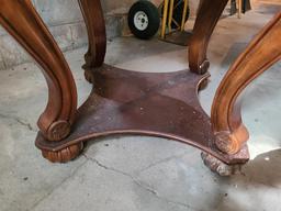 Ornate Wooden Glass Top Table, 34in Diameter, 30in Tall, Metal Heart Designs on Top