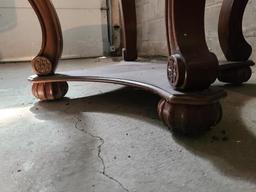 Ornate Wooden Glass Top Table, 34in Diameter, 30in Tall, Metal Heart Designs on Top