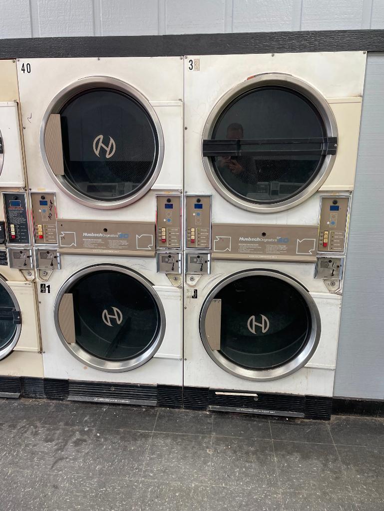 Two (2) Huebsch Originators Twin 30 Model: JTD32DG - Coin-Op Stack Tumble Dryer, No Keys