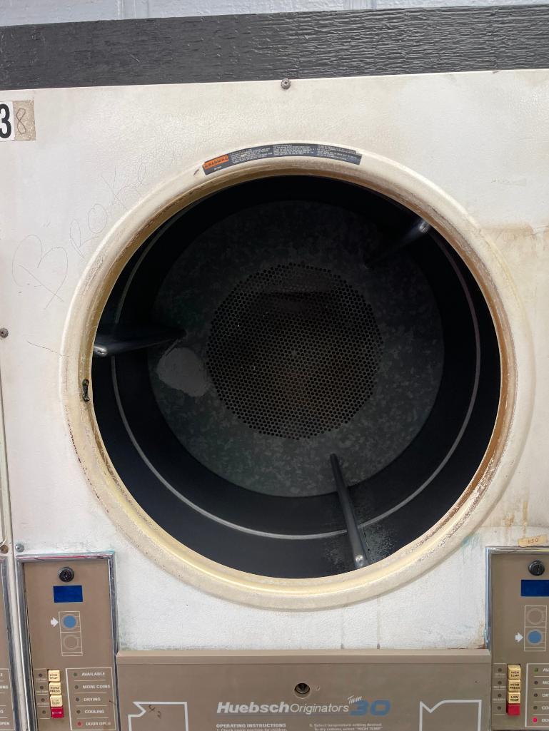 Two (2) Huebsch Originators Twin 30 Model: JTD32DG - Coin-Op Stack Tumble Dryer, No Keys