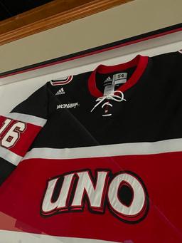 UNO Mavericks Hockey Jersey No. 16 - Framed / Mounted in Shadow Box, Approx. 48in x 36in