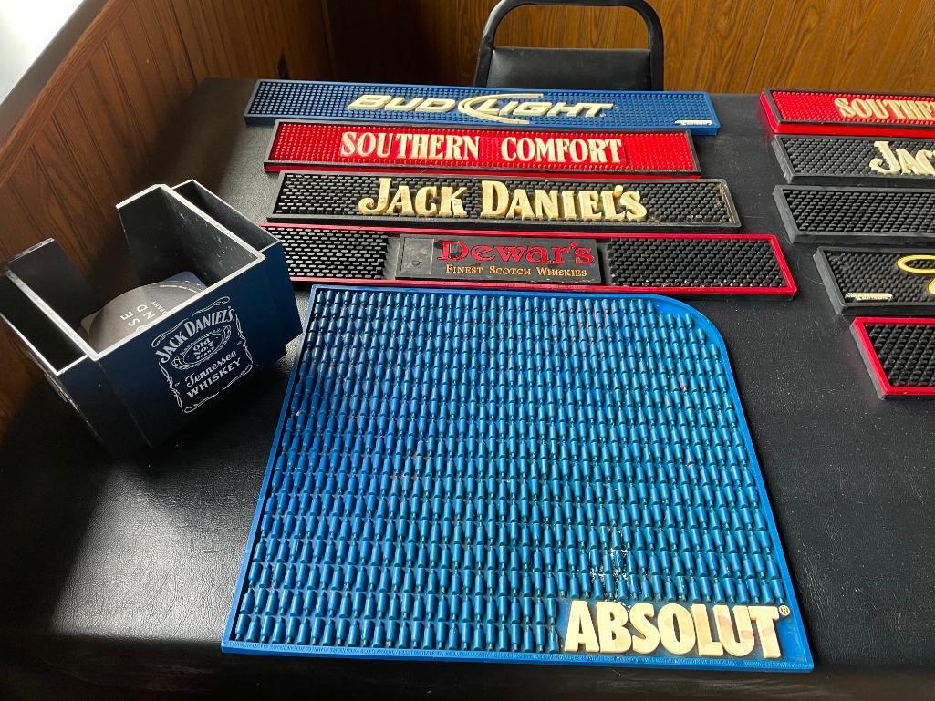 5 Rubber Bar Mats and a Jack Daniels Straw/Napkin Holder, Jack Daniels, SoCo Bud Light, Dewers