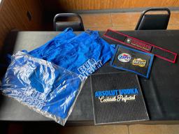 3 Rubber Bar Mats, Four Bud Light NOS Cocktail Server Aprons