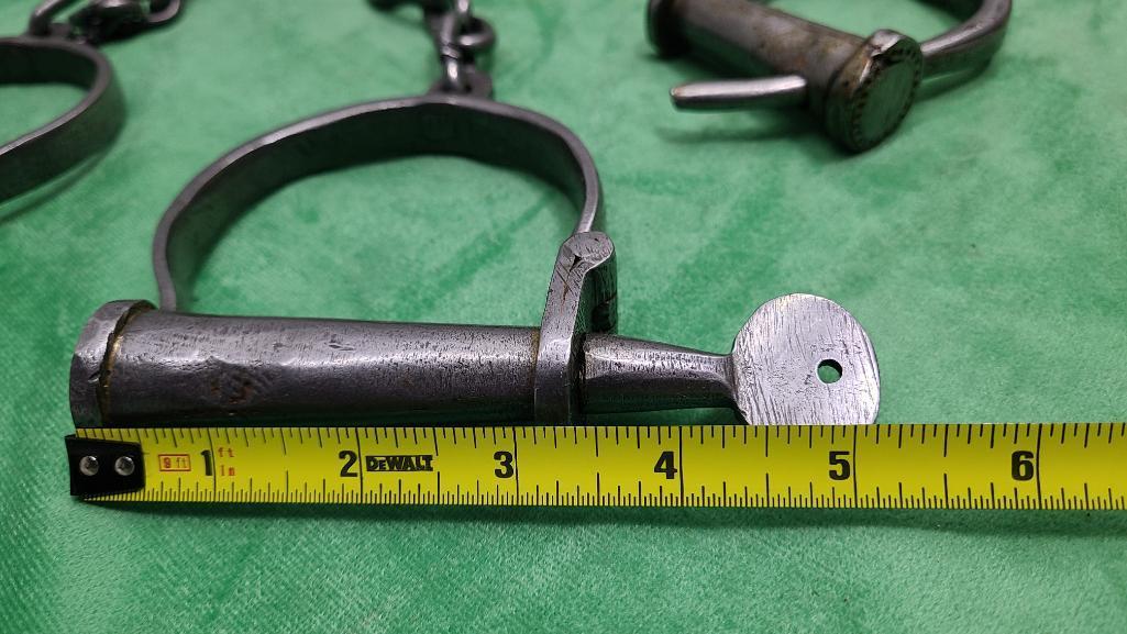 Lot of 2, Early Cast Iron Prisoner Shackles w/ Primitive Keys