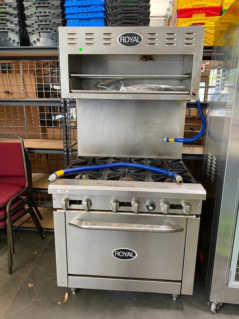 Royal Range Gas 6-Burner Restaurant Range w/ Salamander Cheese Melter / Warmer w 2 Gas Line Hoses