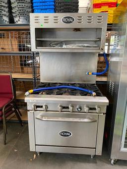 Royal Range Gas 6-Burner Restaurant Range w/ Salamander Cheese Melter / Warmer w 2 Gas Line Hoses