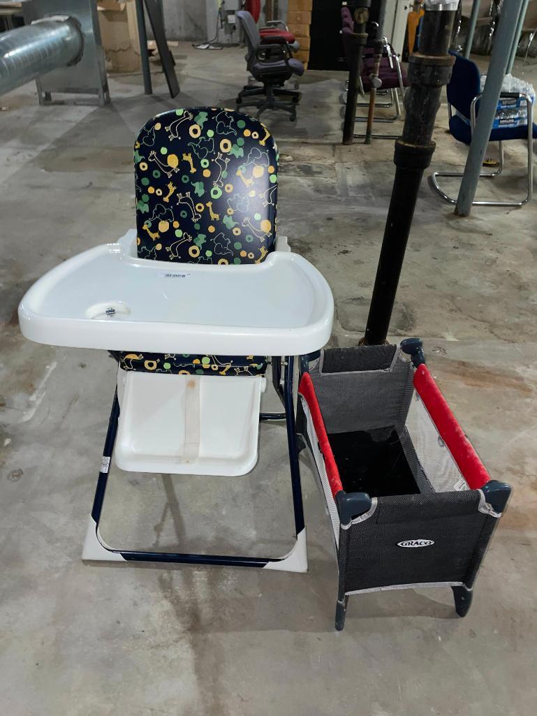 Child's High Chair and Small Portable Baby Crib or Play Pen