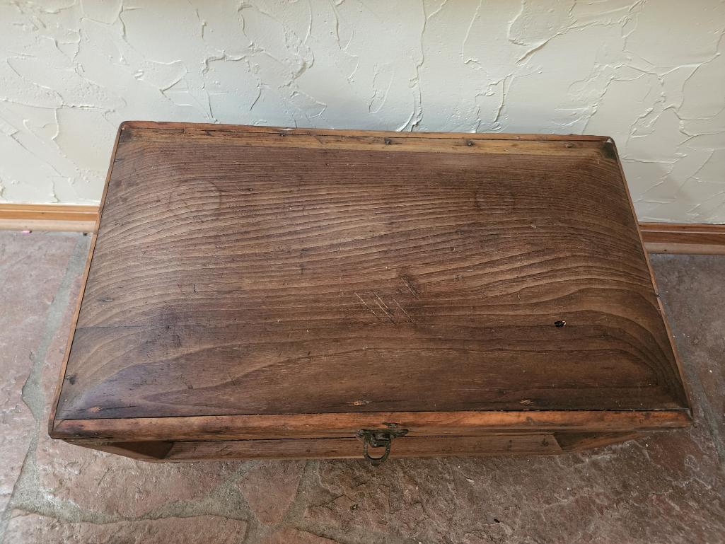 Primitive Wood Trunk w/ Old Casters, 2 Interior Storage Boxes, Early