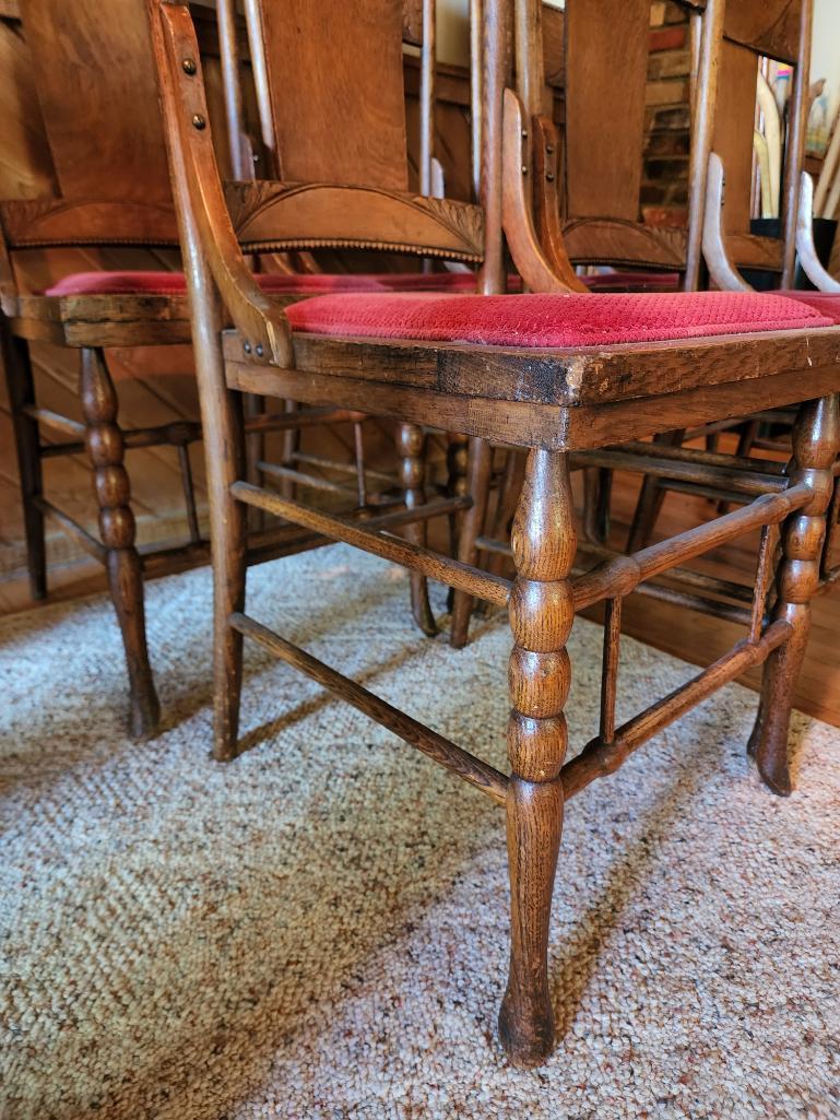 Matching Set of 6 Oak Carved Arts & Craft Chairs