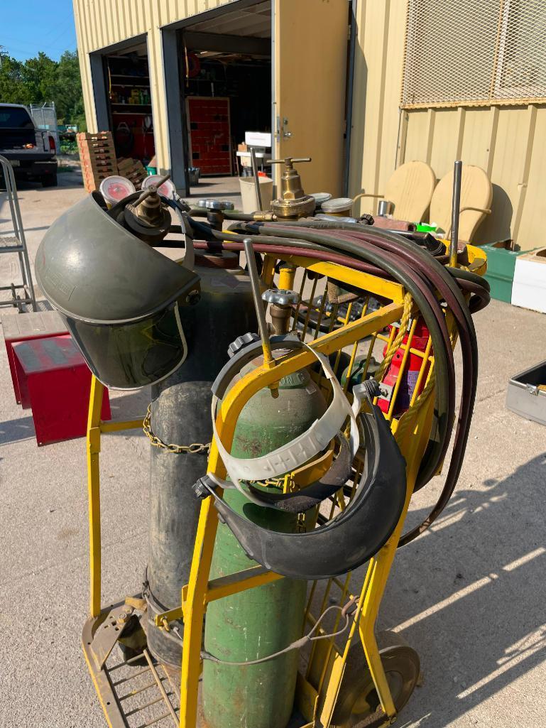 Oxygen / Acetylene Cutting Torch Outfit w/ Cart, 2 Medium Tanks, Helmet, Victor Gauges & Torches,