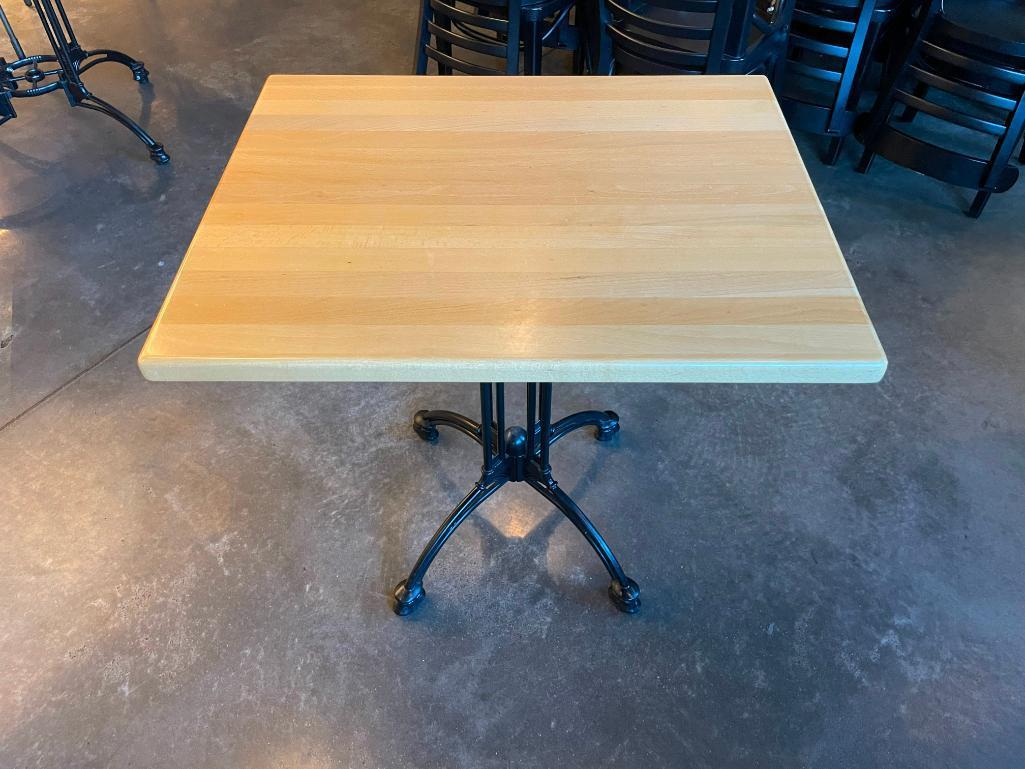 Restaurant Table, Solid Rock Maple Butcher Block Top, Antique Black Iron Ornate Base