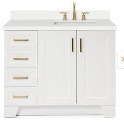 Ariel 43in Right Offset Single Oval Sink, Countertop in White Quartz