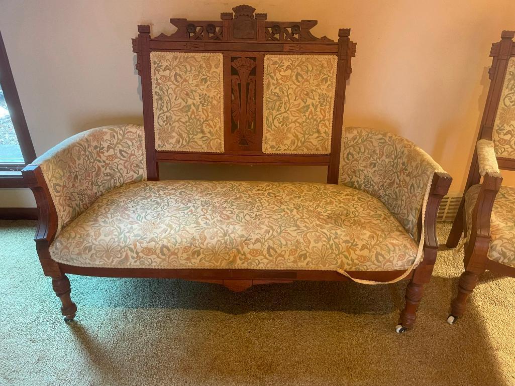 Antique Eastlake Carved Victorian Sofa and Chair, Heavily Detailed