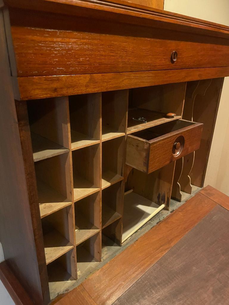 Antique Oak Pigeon Holed Desk w/ Key, Dovetailed Drawer, VG Cond.