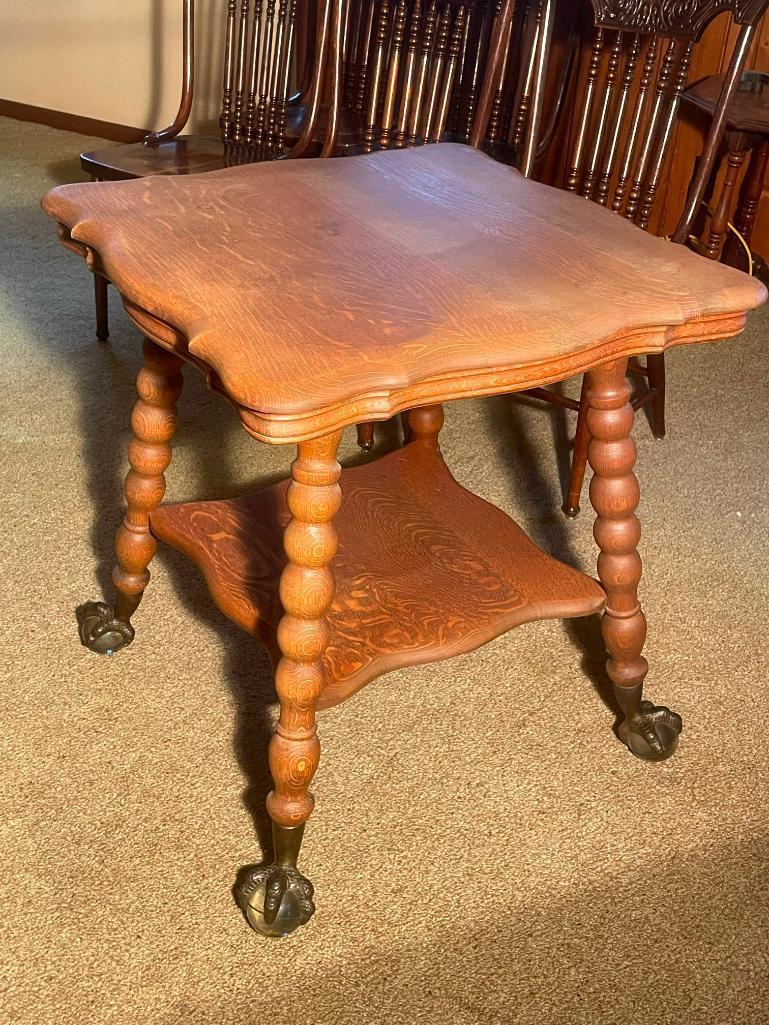 Antique Oak Parlor Table w/ Brass Claw Feet and Large 4in Glass Balls