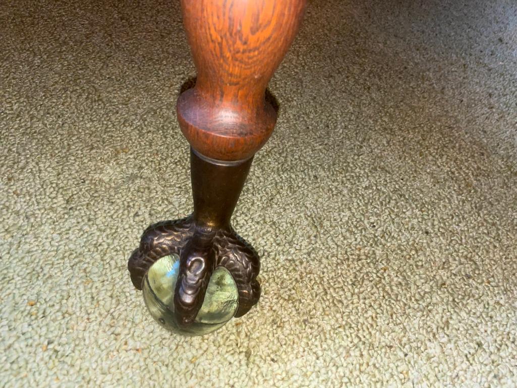 Antique Oak Parlor Table w/ Brass Claw Feet and Large 4in Glass Balls