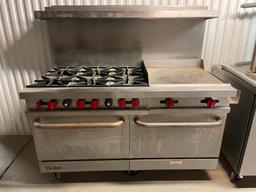 Vulcan 6-Burner Gas Range, Double Oven, Flat-Top Griddle on Mobile Base, Very Clean, Exc. Cond.