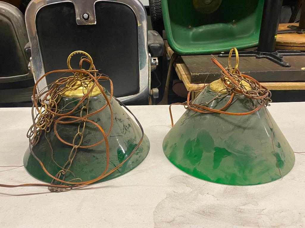 Two Vintage Hanging Lights w/ Green Shades