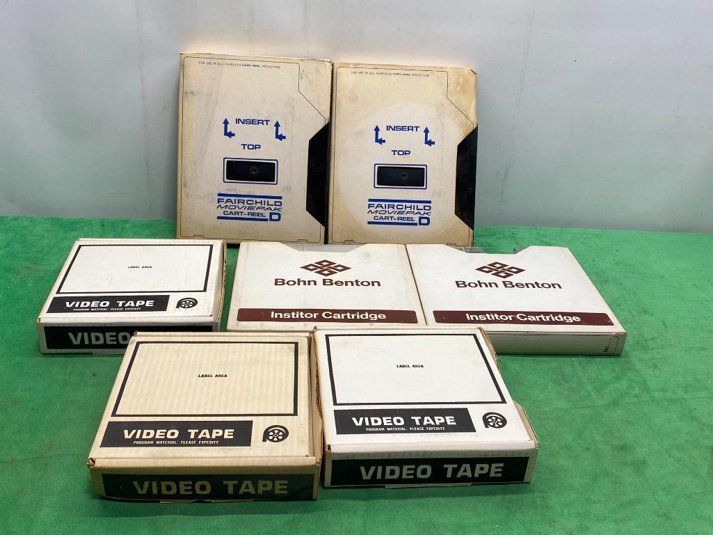 Lot of 7 Vintage Video Tape and Fairchild MoviePak Cart-Reels, Bohn Benton Institor Cartridge