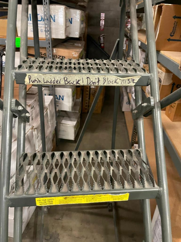 Gillis USA Steel Warehouse Rolling Safety Ladder, 7-Setp, Front Wheel Needs Adjusted