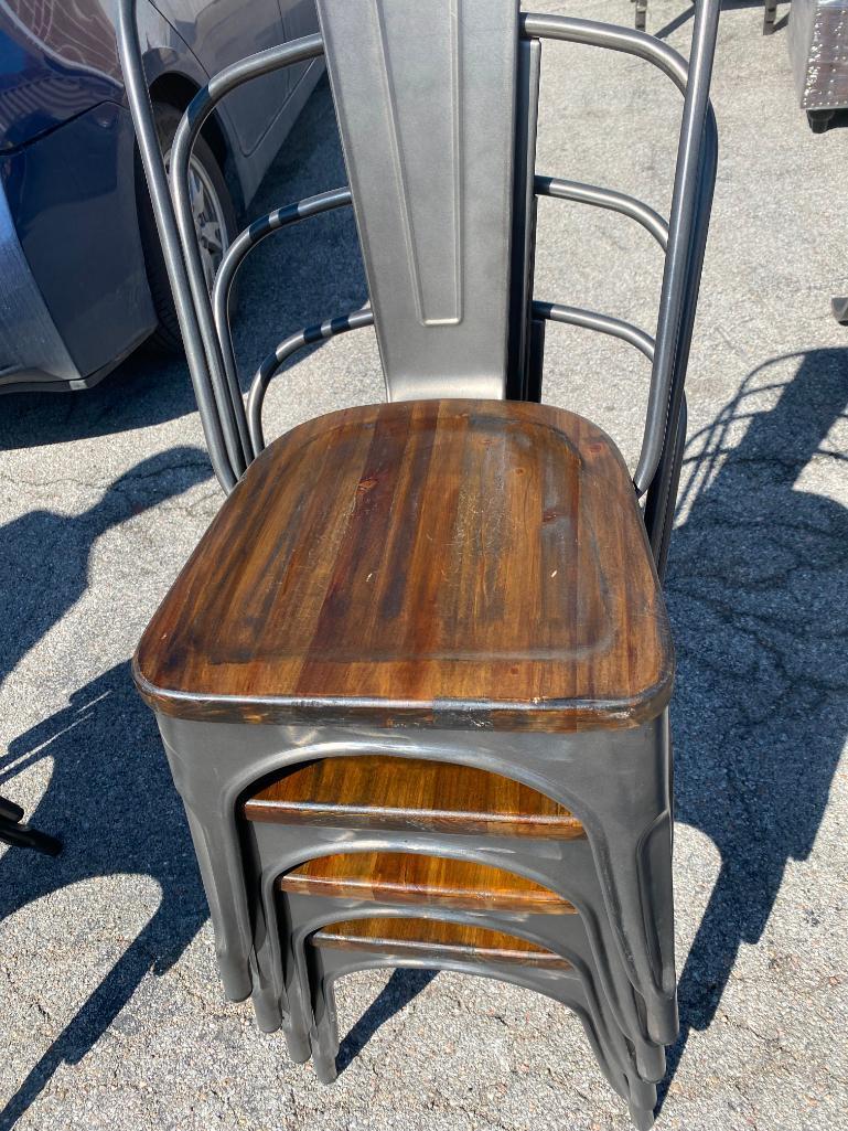 Lot of 4, Costway Metal Dining Chair w/ Wood Seat, Indoor/Outdoor, Gun Metal Grey, Stackable